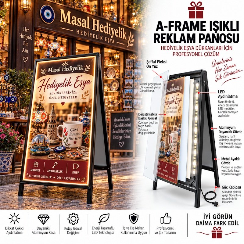 🎁 Hediyelik Eşya Mağazaları İçin Işıklı Reklam Panosu Mağazanızın önünde dikkat çeken, ürünlerinizi ve kampanyalarınızı öne