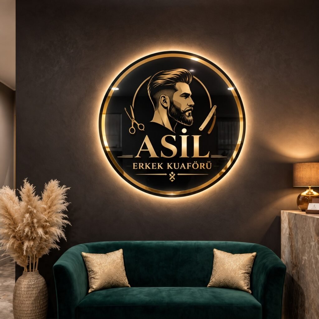 Erkek kuaförleri ve berber salonları için tasarlanan ışıklı yuvarlak tabela, mekâna güçlü ve prestijli bir görünüm