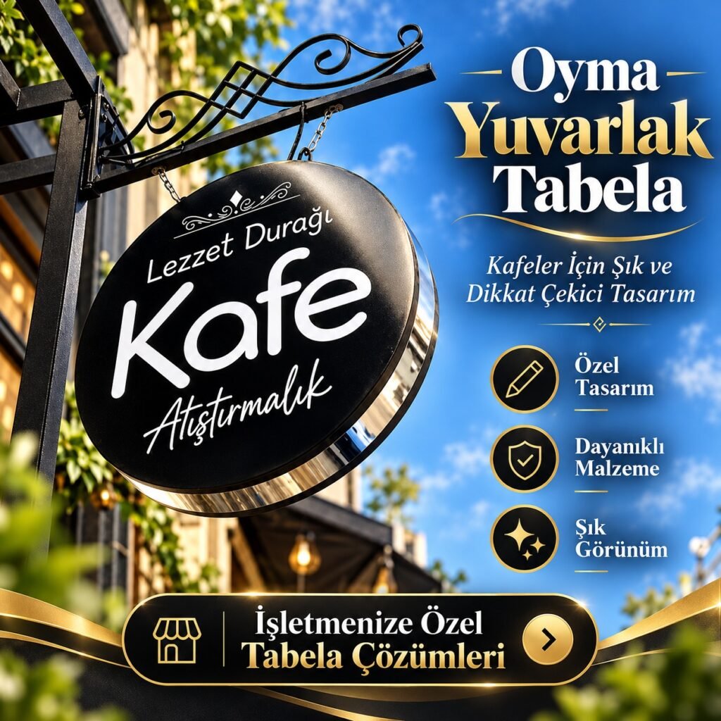 Oyma yuvarlak tabela, işletmenize klasik tabelalardan daha farklı ve dikkat çekici bir görünüm kazandırır. Özellikle kafe,