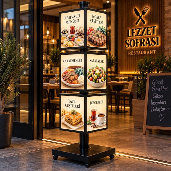 🍽️ Restoran ve Kafeler İçin Çok Yönlü Ayaklı Işıklı Menü Panosu İşletmenizin girişinde hem dikkat çeken