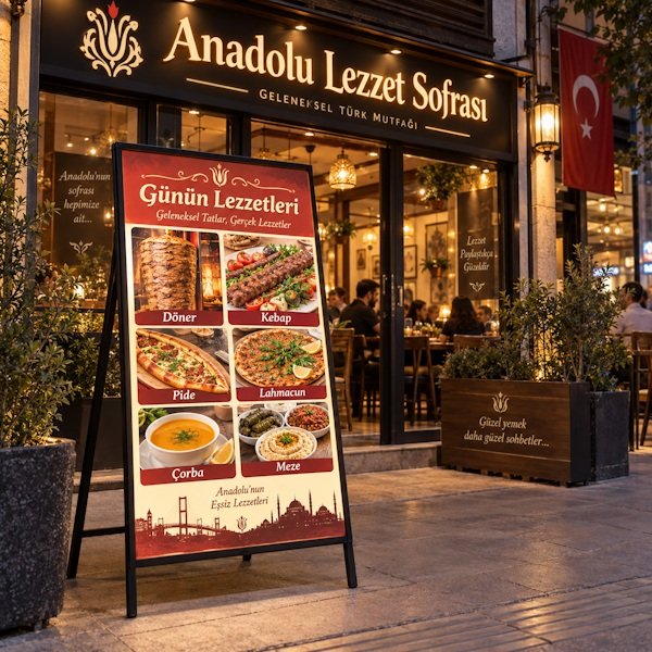 🍽️ Restoran ve Lokantalar İçin Ayaklı Menü ve Reklam Panosu Restoranınızın önünde menünüzü, öne çıkan yemeklerinizi