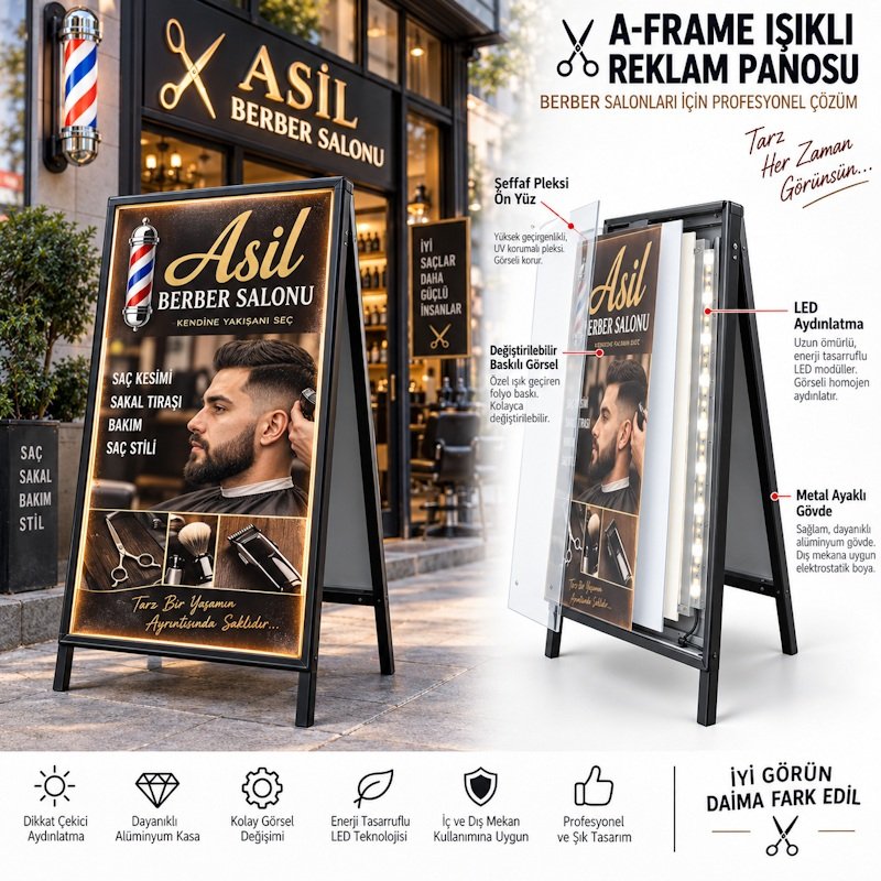 💈 Berber ve Erkek Kuaförleri İçin Işıklı Ayaklı Reklam Panosu Berber salonunuzun önünde dikkat çeken, hizmetlerinizi