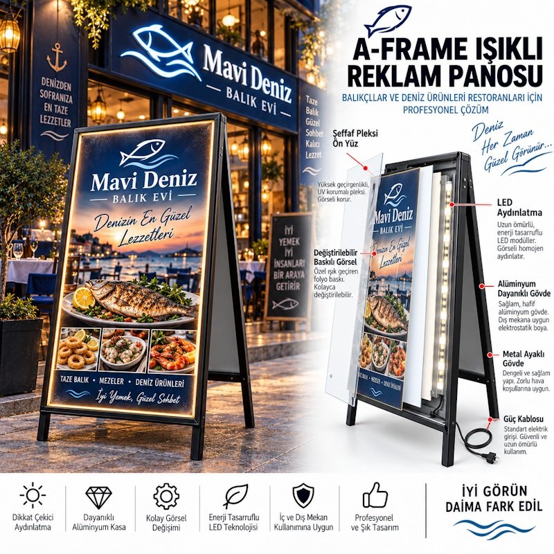 🐟 Balık Restoranları İçin Işıklı Reklam Panosu Balık restoranınızın girişinde dikkat çeken, işletmenizin görünürlüğünü artıran ışıklı