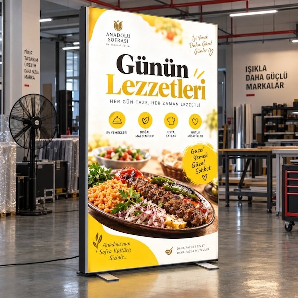 🍽️ Restoran ve İşletmeler İçin Dikey Işıklı Reklam Panosu İşletmenizin girişinde ürünlerinizi, kampanyalarınızı ve öne çıkan