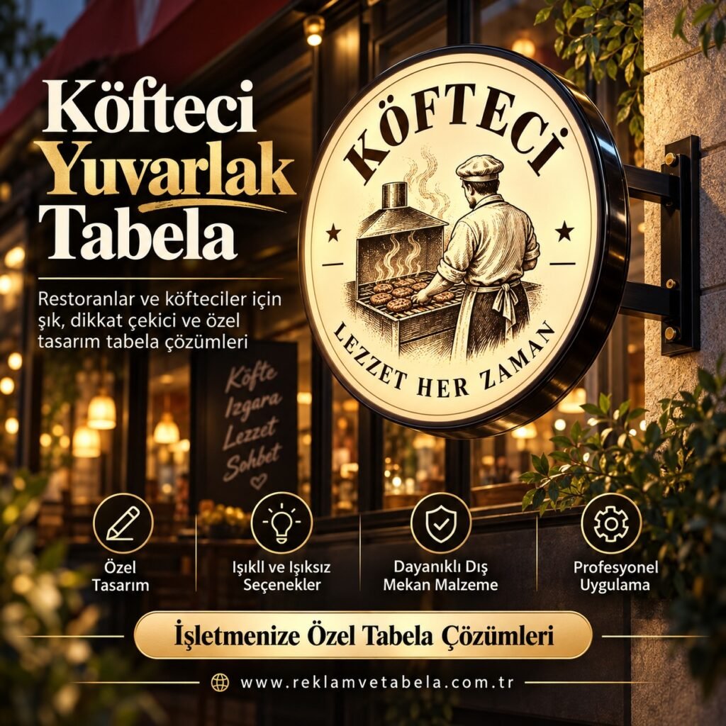 Köfteci, restoran ve ızgara salonları için dikkat çekici bir dış cephe çözümü: yuvarlak tabela. Özel tasarım