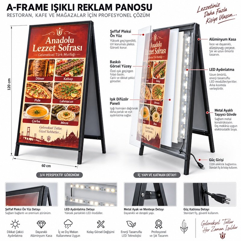 ✨ A-Frame Işıklı Reklam Panosu Restoran, kafe, mağaza ve birçok işletme için dikkat çekici, modern ve