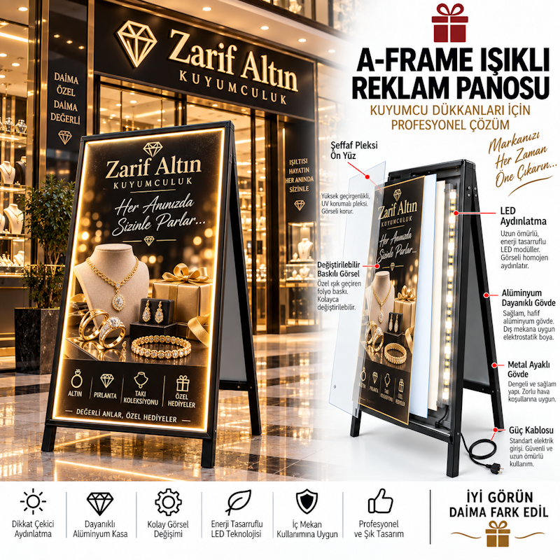 Işıklı ayaklı reklam panosu, LED ışıklarla aydınlatılmış modern tasarımlı tanıtım aracı