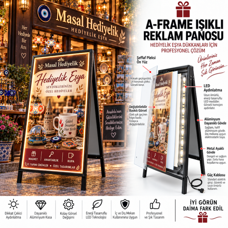 Çift taraflı ayaklı, LED ışıklı kaldırım tabelası