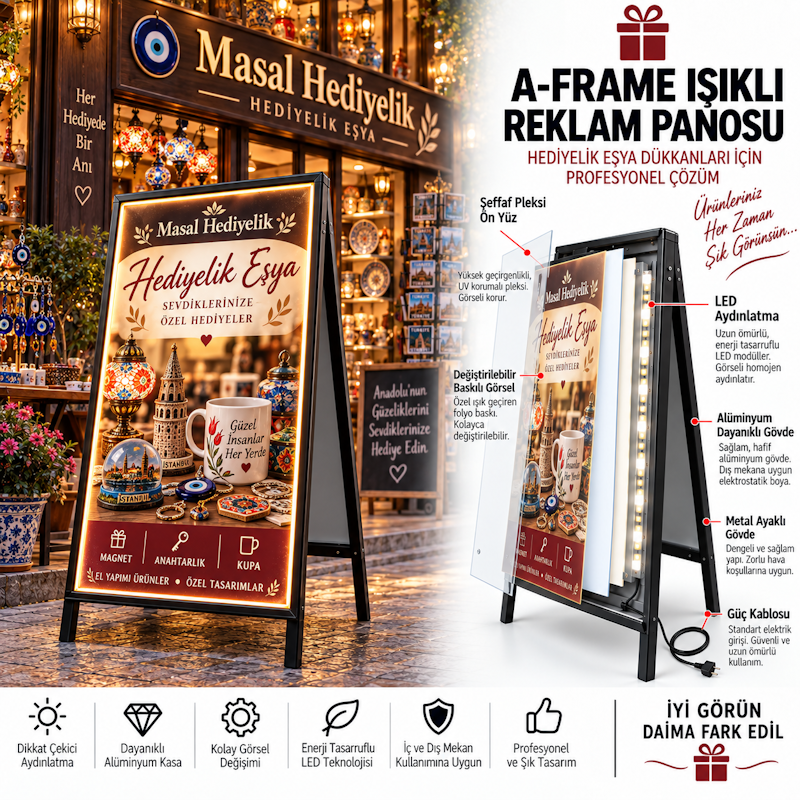 Çift taraflı ayaklı, LED ışıklı kaldırım tabelası