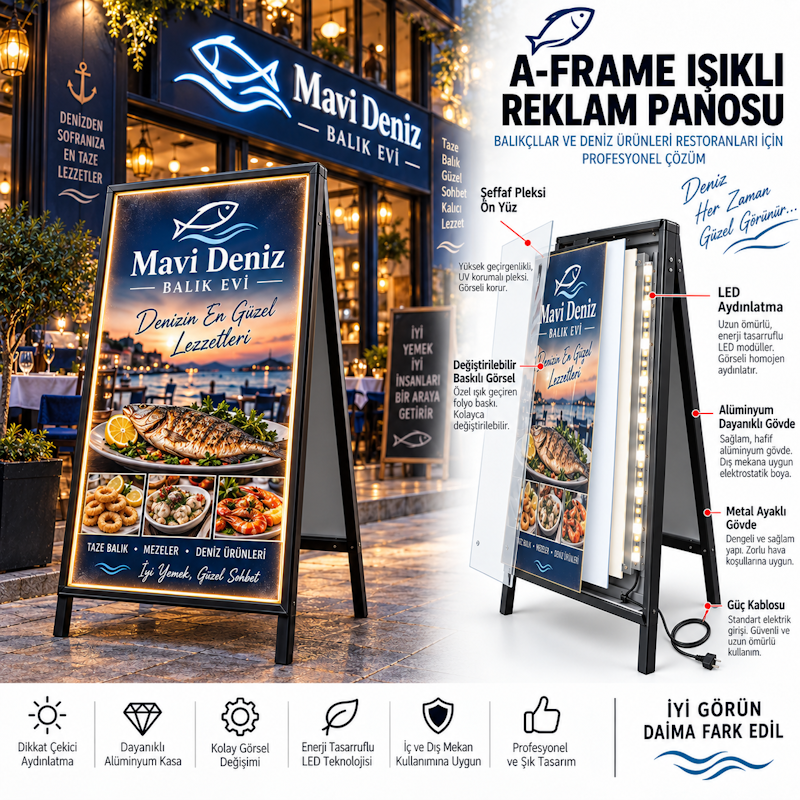 Işıklı ayaklı balık restoran tabelası gece ışıklandırmasıyla görünür durumda