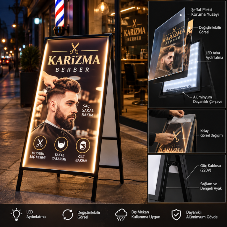 Işıklı ayaklı berber reklam panosu gece ışıklandırması ile ön cephede