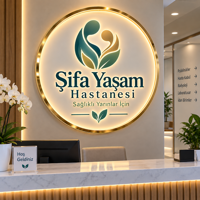 Işıklı yuvarlak hastane karşılama tabelası, beyaz zemin üzerinde mavi renkli yazılarla.